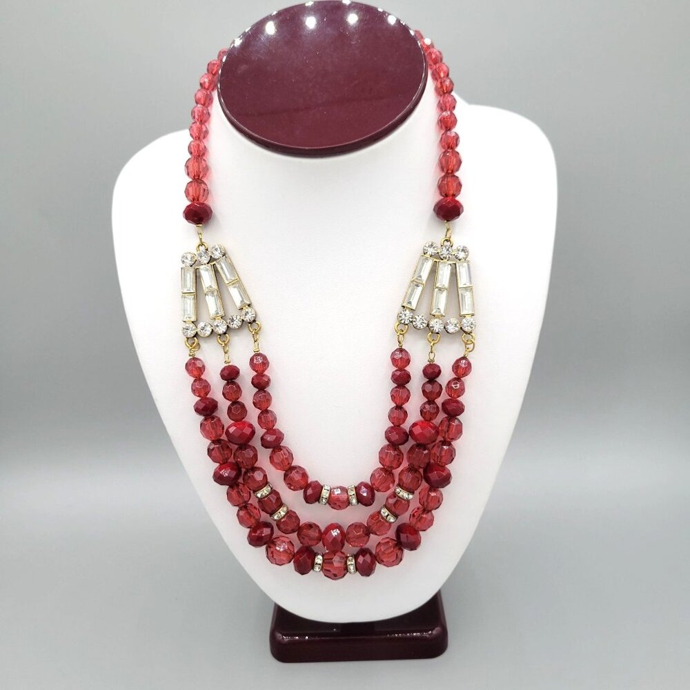 Plunder Statement Necklace Triple Strand Dark Red Beads Crystal Accents 18"